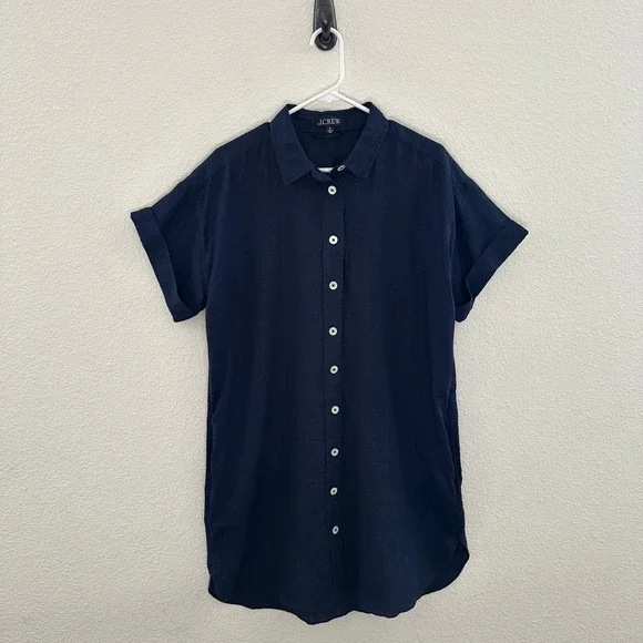 J.Crew Capitane Linen Shirt Dress Navy Blue Short Sleeve Button Front Coastal M - Picture 3 of 8